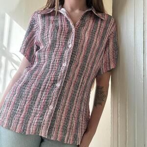 Vintage Casual Corner Pink Black Smocked Button Down Shirt Women’s Medium